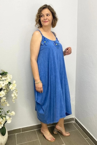 Mia Butik Büyük Beden Mavi Pamuklu Şalvar Kesim Çiçekli Elbise Mavi