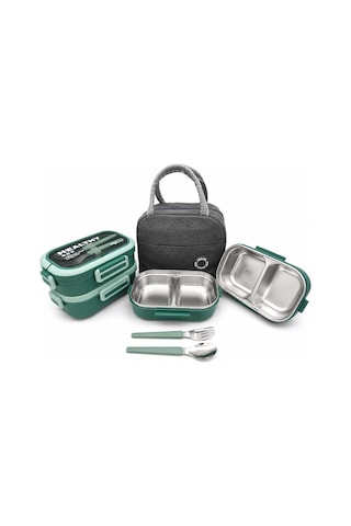 Valkyrie 304 Çelik Bölmeli Lunch Box Seti Termal Çantalı, Bölmeli, Çatal Kaşıklı, Sızdırmaz Yemek Kabı Su Yeşili Yeşil