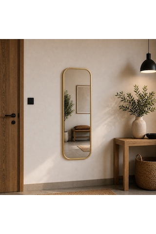 Modern Yuvarlatılmış Köşeli Boy Aynası 40x120 Cm Minimalist İnce Çerçeveli Dekoratif Duvar Aynası Altın