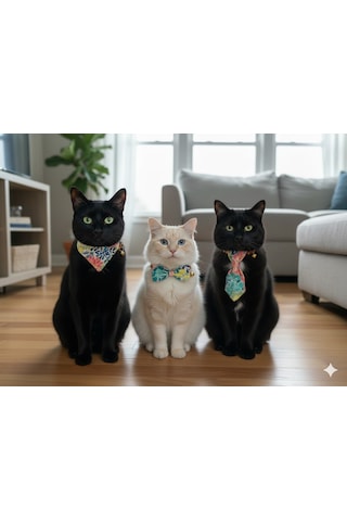 Flypet Renkli Çiçek Desen 3lü Set Papyon + Fular+ Kravat Kedi Tasma & Yavru Köpek Tasma 13cm-24cm