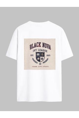 Black Nova Oversize Baskılı Unisex Tişört Ivy League Beyaz