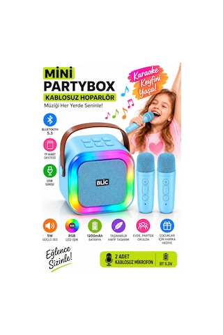 Blic Bls-97 Mavi Partybox Çift Kablosuz Mikrofonlu Rgb Led Işıklı Taşınabilir Bluetooth Hoparlör