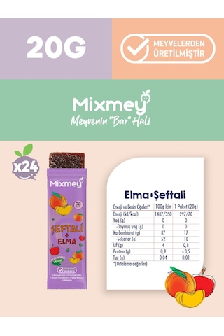 Mixmey Şeftali Meyve Barı 24 Adet | Atıştırmalıklar – Vegan, Glutensiz, Koruyucusuz 20gr X 24 Adet
