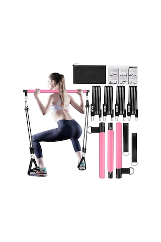Valkyrie 4 Lastikli 1. Kalite Pilates Bar Egzersiz Çubuğu Ayarlanabilir Zorluk Evde Spor Squat Kademeli Çantalı Kolay Kurulum Pembe