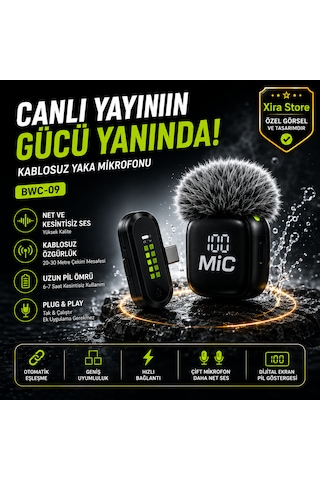 Bwc-09 Çiftli Kablosuz Yaka Mikrofonu Type-c Alıcılı Dijital Ekranlı Aı Gürültü Engelleme 20-30 Metre