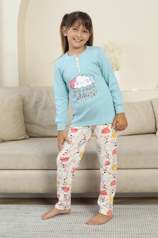 Miniğimin Cicileri Bulut Baskılı Düğmeli Kız Çocuk Pijama Tak... Mavi