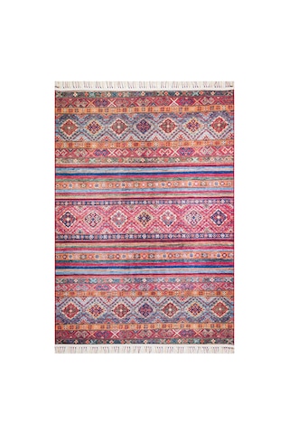 Etnik Kilim Desenli Pamuk Taban Yıkanabilir Baskılı Dekoratif Halı Kırmızı