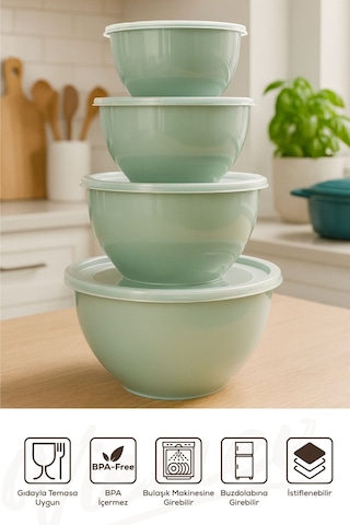 4 Lü Yuvarlak Kase Seti Mint Yeşili 1l, 1.5l, 2.3l, 3.3l Kapaklı Çok Amaçlı Mutfak Saklama Kabı Yeşil