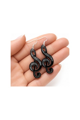 Kadın Siyah Sol Anahtarı Tasarımlı Müzik Temalı Sallantılı Ahşap Küpe