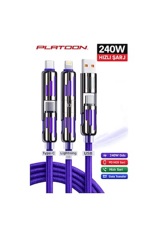 Platoon Pl-8933 240w 2in1 Type-c To Type-c / Apple Uyumlu iOS / Usb Hızlı Şarj Ve Data Kablosu