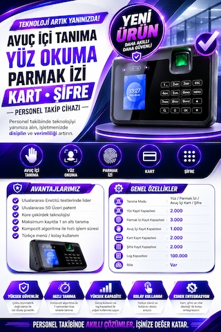 Linadex Lx-220315-m Avuç İçi Okuma-yüz Okuma-parmak İzi Okuma Ve Kartlı Personel Kontrol Cihazı -maaş Puantaj Yazılımı Ve 15 Kart Hediye