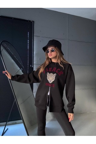 Fermuarlı Leopar Baskılı Oversize Siyah Sweat Siyah