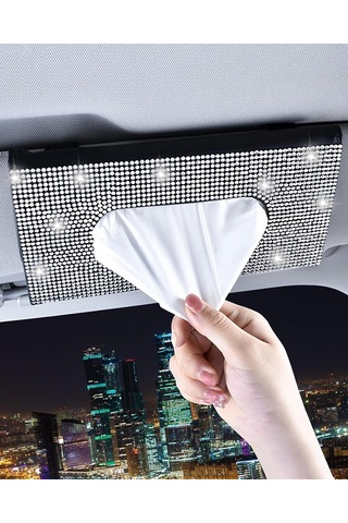 Maiyame Siyah Deri Beyaz Kristal Taşlı Otomobil Güneşlik Kağıt Havlu Kutusu Tutucu