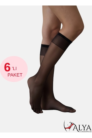 Alya Underwear Kadın Parlak Diz Altı Çorap 15 Denye, İnce Fit - 6'lı Paket Siyah 50 6'lı