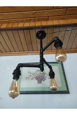 Endüstriyel Tasarım Vintage Tavan Avize Borulardan Lamba 3'li Siyah