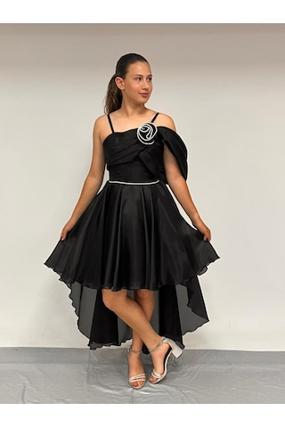 Kız Çocuk Abiye Askılı Siyah Tek Omuz Gül Detaylı Kuyruklu Şifon Abiye Elbise 10-15 Yaş Siyah