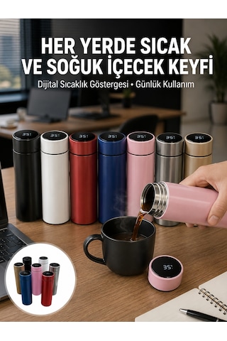 Uzun Süre Isı Koruma Sağlayan Dijital Göstergeli Termos Yeni Nesil Sarı