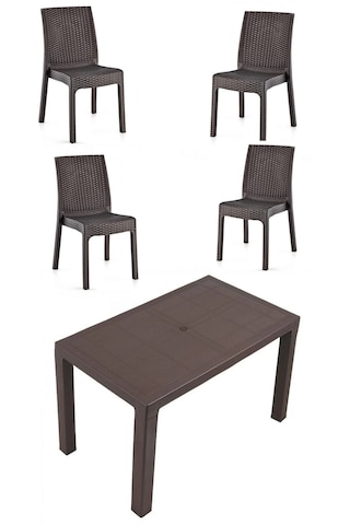 70x120 Cm Rattan 4 Kişilik Masa Seti Kolsuz Sandalye Acı Kahve
