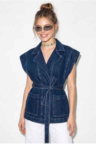 Shade Kadın Kuşak Bağlamalı Cepli Kruvaze Yaka Denim Yelek 3551 60286226 - Lacivert