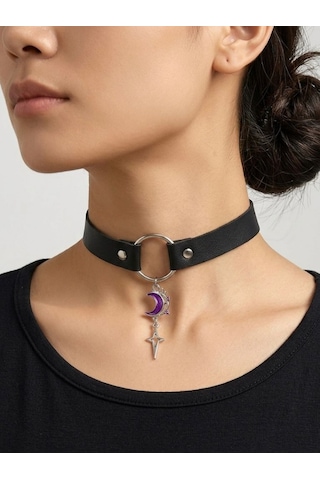 Ay Yıldız Detaylı Choker Kolye Kadın Gotik Boyunluk Kolye Alternatif Moda Yaka Kolyesi Punk Ve Cosplay Aksesuarı Gri
