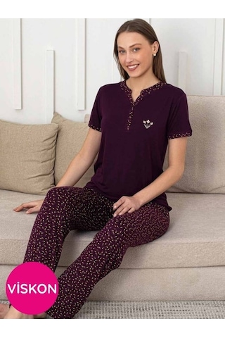 Kadın Mürdüm Desenli V Yaka 3 Düğmeli Likralı Viskon Kısa Kol Pijama Takımı Mürdüm