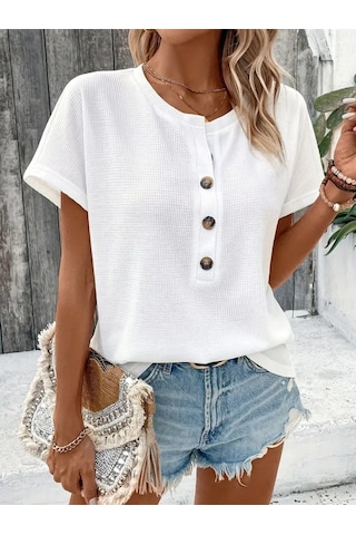 Kadın Kısa Kollu Yakası Açık Önden Düğmeli Waffle Bluz Beyaz