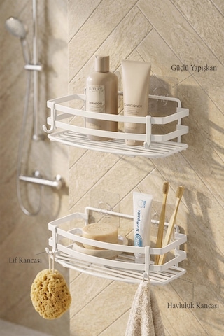 Buççin Online Mağaza Yapışkanlı 2'li Banyo Düzenleyici Şampuanlık Sabunluk Yapışkanlı Banyo Rafı Beyaz Metal Beyaz Çok Renkli