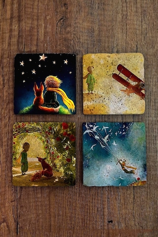 Taş Bardak Altlığı Küçük Prens Baskılı Baskılı 4'lü Set - Stone Coasters Çok Renkli