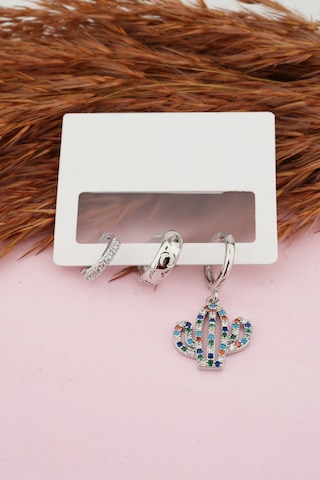 Kadın Kararmaz Altın Kaplama Kaktüs Figürlü 3'Lü Zirkon Set Küp Gümüş-M