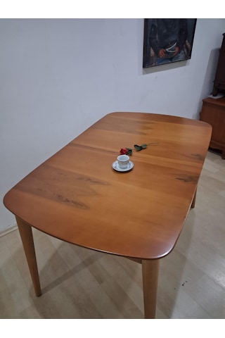 Masa Oval 90642 Retro Ayak Model Kayın Retro Açılır Parlak Açık Ceviz Tabla El Yapım Kahverengi