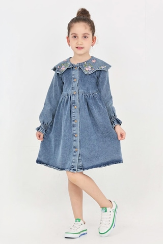 Kız Çocuk Yaka Detaylı Ve Boydan Düğmeli Jean Elbise 12339 İndigo