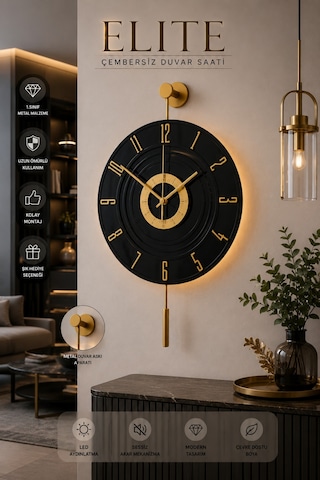 MetaQuartz Aksesuar Kardelen Gold Siyah Ledli 12 - 24 Duvar Saati Siyah - Gold