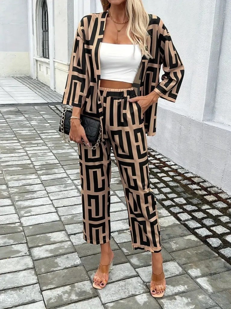 Tua Moda Kadın Uzun Kollu Önü Açık Desenli Iki Iplik Ceket Ve Pantolon Ikili Takım Kahve