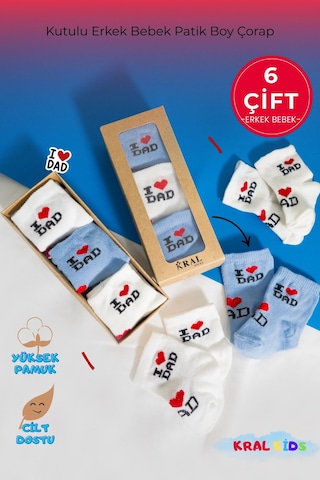 6 Çift Erkek Bebek Çorap Kutulu Patik Boy I Love Dad Desenli, Pamuklu MAvi