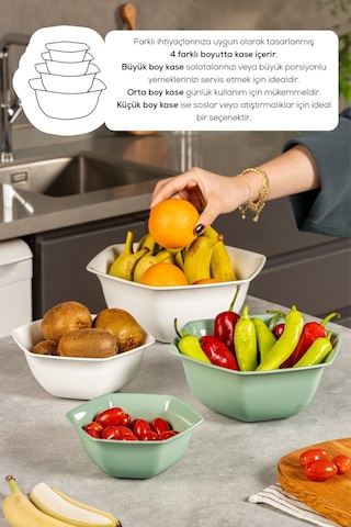 Vienev 4lü Altıgen Kase Seti Beyaz-yeşil