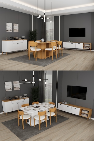 Lüks Yemek Odası Takımı 3 Parça %100 Mdf Konsol Yemek Masası Tv Ünitesi Yt01 Beyaz - Karına