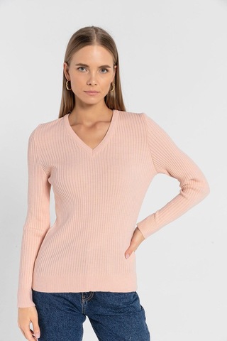 Miss Poem Kadın V Yaka Slim Fit Fitilli Uzun Kışlık Ekru Triko Kazak Pudra