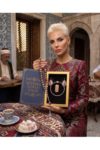 Özel Tasarım Kitap Kutulu Kadın Bakır Takı Seti Ve Tesbih Kombini - Kolye Küpe Bileklik Yüzük 5 Parça Otantik Şık Hediyelik - Doğum Günü Yıl Dönümü Anneler Günü Kadınlara Özel Gösterişli Hediye - N-00074
