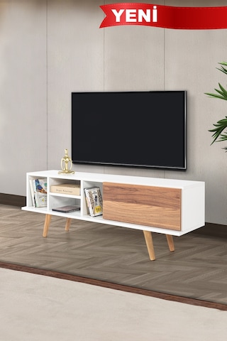 3330 Ela 130 Cm Ahşap Ayaklı Tv Ünitesi , Beyaz - Söğüt , Tv Sehpası , Salon , Oturma Odası Diğer