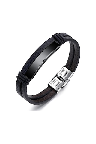 Ehediye Chavin Parlak Siyah Çelik Ve Deri Çelik Erkek Bileklik Dy76Sy Siyah