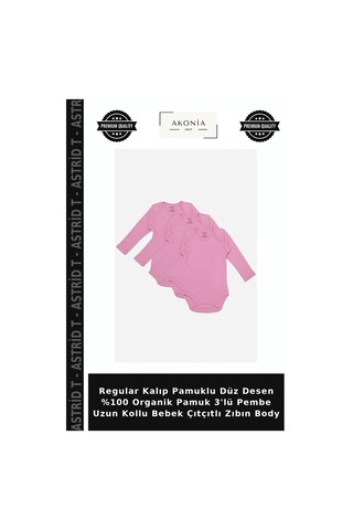 Astrid T Regular Kalıp Pamuklu Düz Desen %100 Organik Pamuk 3'lü Pembe Uzun Kollu Bebek Çıtçıtlı Zıbın Body