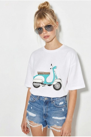 Shade Kadın Scooter Baskılı Kısa Kollu Bisiklet Yaka Regular T-shirt 3098 60283072 - Beyaz