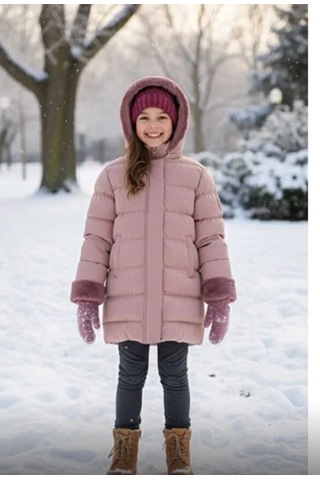 Boutiguestyles Kız Çocuk Şişme Mont Kürklü Açık Kahve Sedefli Işıltılı Çıkarılabilir Kapüşonlu Fermuarlı Pembe