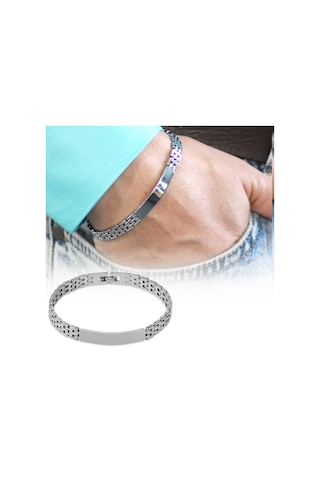 Silver Renk Hasır Tasarım Kordonlu Kişiye Özel İsim/harf Yazılı Erkek Çelik Bileklik Çelik