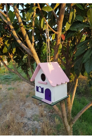 El Yapımı Ahşap Kuş Yuvası Dekoratif Kuş Evi Bahçe Balkon Dekorasyon Kayın Ağacı Vernikli Pembe Beya