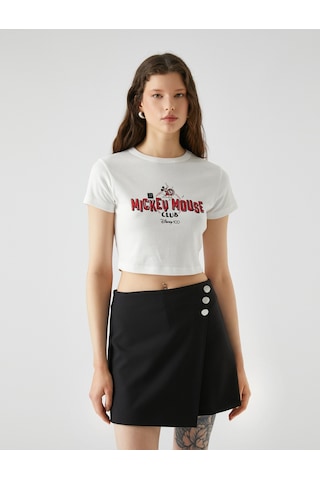 Koton Mickey Mouse Tişört Crop Bisiklet Yaka Kısa Kollu Baskılı Ekru 3sal10908ık 3SAL10908IK010 Ekru