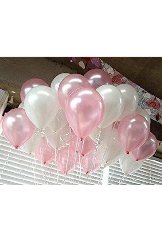 25 Adet Metalik Sedefli Pembe-Beyaz Karışık Balon Helyumla Uçan