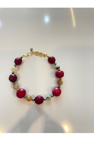 Granat Ve Sarı Akik Doğaltaş Handmade Bileklik Bordo