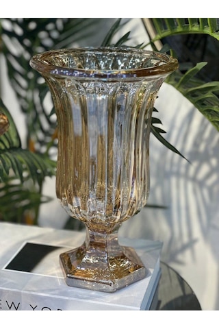 Elta Collection Lüks Füme & Gold Cam Dekoratif Vazo Modern Masa Üstü Ev Aksesuarı Altın