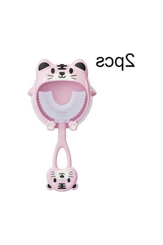 Flybuy S8 2'li Çocuk Karikatür Silikon Diş Fırçası U-şekilli 2-12 Yaş Pembe